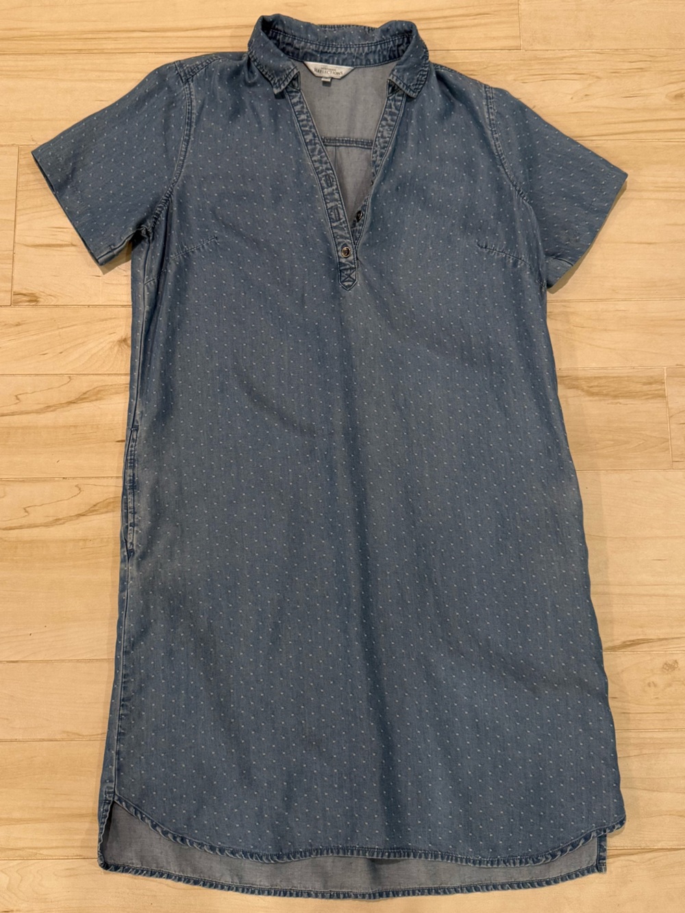 Chambray Shirt Dress Polka Dot Cotton Denim Dress Pockets Size S